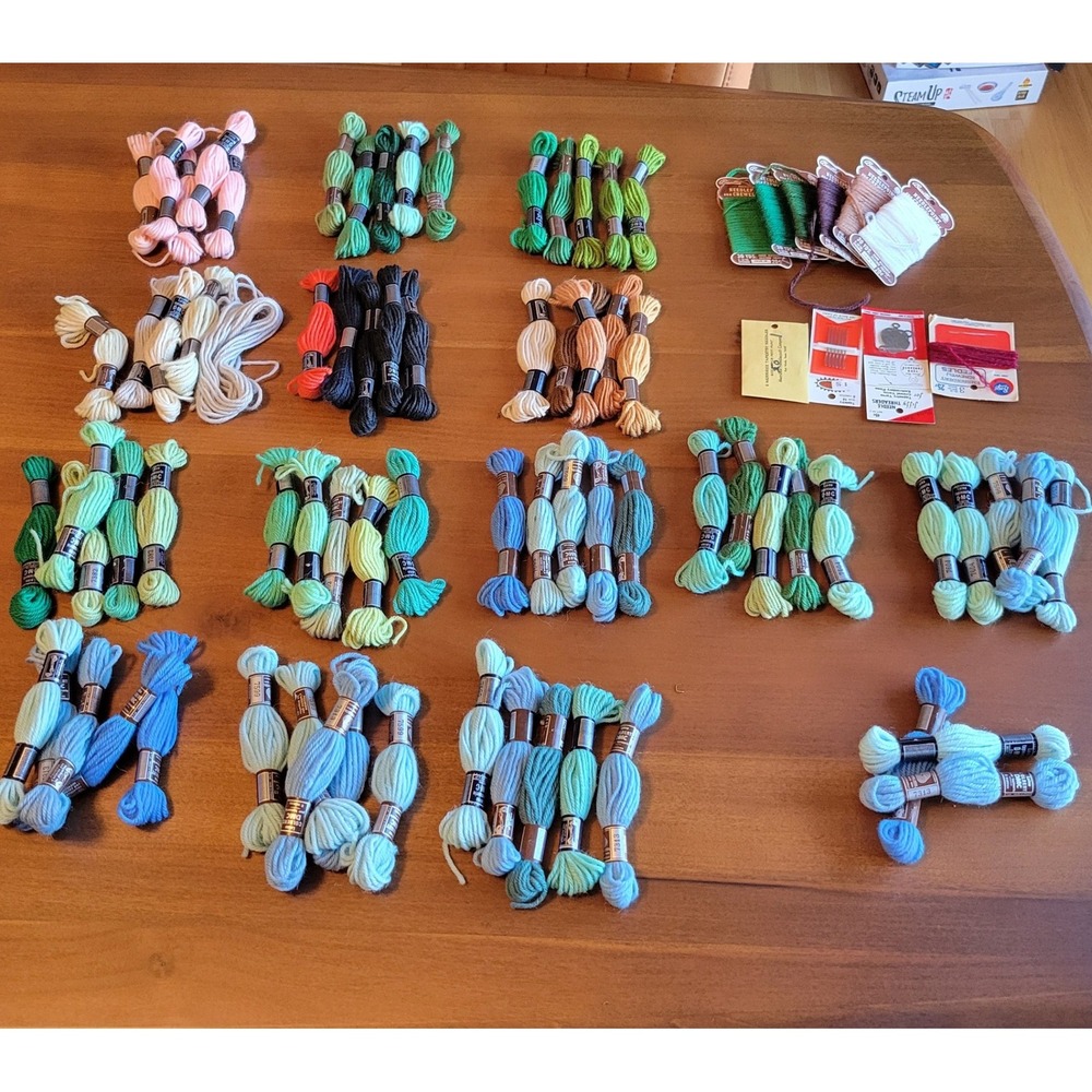 New VTG DMC Bucilla Wool Yarn Lot 79 Skeins Crewel Tapestry Needles Threaders